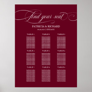 Poster 9 Tables Chart de mariage Burgundy Marsala