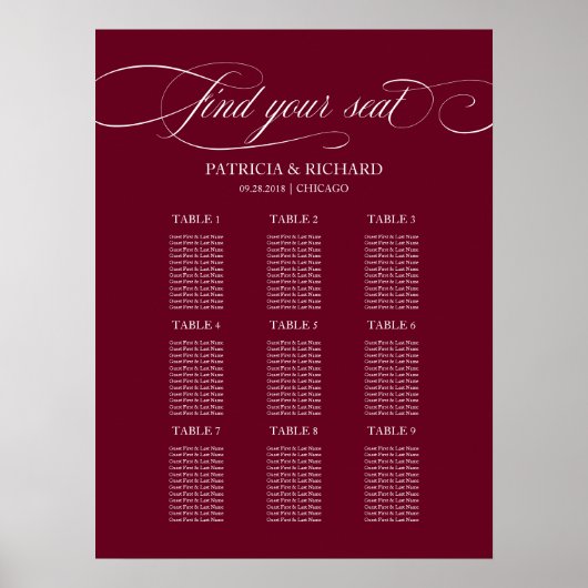 Poster 9 Tables Chart de mariage Burgundy Marsala (Devant)
