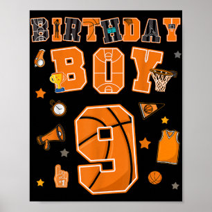 Poster 9e anniversaire Garçon 9 ans Basketball fête Neuf