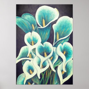Poster A3 Belles Fleurs Turquoises acrylique Peinture Imp