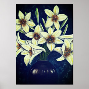 Poster A4 Belles Fleurs blanches acrylique Peinture Impri