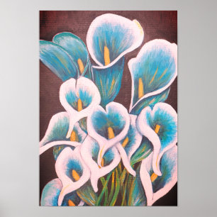 Poster A4 Belles Fleurs Turquoises acrylique Peinture Imp
