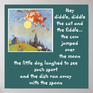 Poster a-3 vache a sauté sur l'affiche de la lune