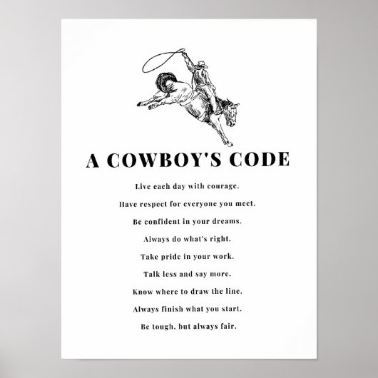 Poster A Cowboy's Code Print, Black and White, Wild West (Devant)
