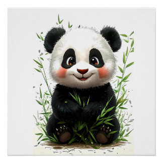 Poster A cute panda with rosy cheeks sits happily