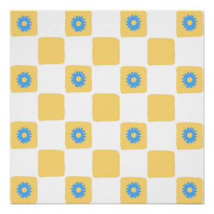 Poster À damiers Jaune Blanc Avec Motif Fleur Bleu