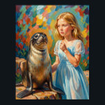 Poster A girl and a seal<br><div class="desc">A girl and a seal. A girl in a blue dress pets a seal sitting on a rock.</div>