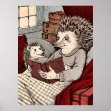 A hedgehog in a blanket reading a book to a young 