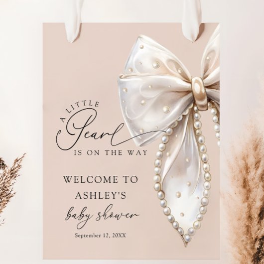 Poster A Little Pearl Beige Bow Baby Shower Welcome 