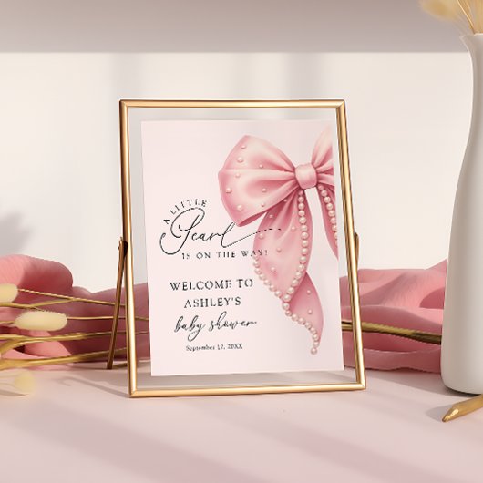 Poster A Little Pearl Pink Bow Baby Shower Welcome 