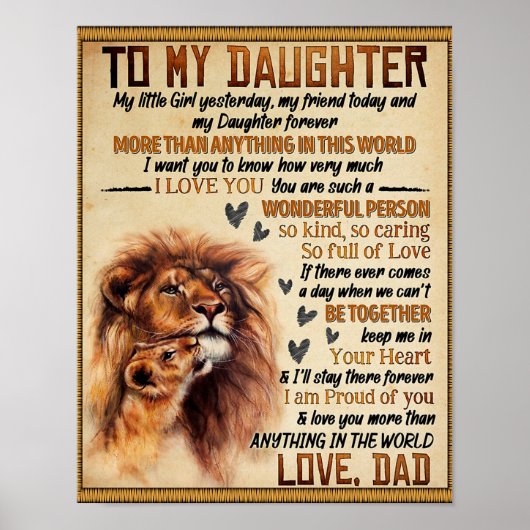 Poster À Ma Fille Lion Famille Cadeau, Fille Anniversaire (Devant)