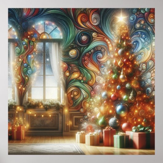 Poster A Retro Style Christmas Tree With Presents on Wall (Devant)