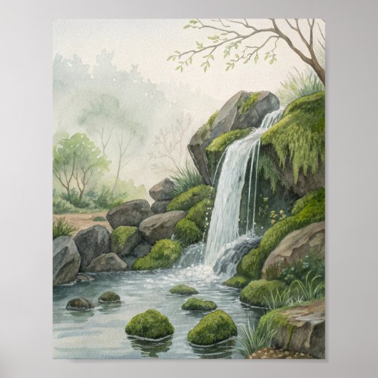 Poster A Serene Woodland Waterfall Study in Watercolor Fe (Devant)