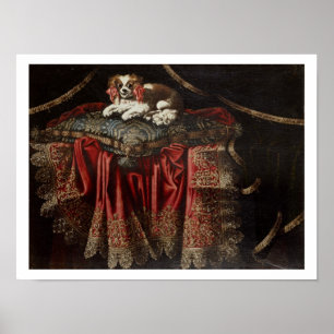 Poster A spaniel seated on an embroidered cushion