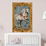 Poster A white horse adorned with a garland of flowers,<br><div class="desc">A white horse adorned with a garland of flowers, all within a vintage-style gold frame. Subject: A white horse with a flowing mane and colorful flowers around its neck. Style: Decorative poster or AI-generated illustration, often used for graphic elements or interior design. Frame: The horse is surrounded by an ornamental...</div>