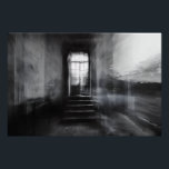 Poster Abandoned Staircase Ghostly Doorway Blur<br><div class="desc">A wide stone staircase rises toward an open arched doorway in an abandoned grand interior, captured in stark black and white. Thick motion blur and ghostly double-exposure layers overlap walls, steps, and cracked plaster, creating an ethereal, dreamlike veil across the scene. Soft daylight pours through the threshold, revealing overgrown foliage...</div>
