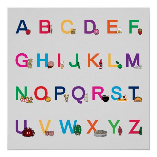 Poster ABC Alphabet lettres d'apprentissage Happy Foods D (Devant)