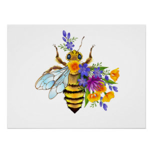 Poster abeille à fleurs avec plantes sauvages