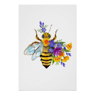 Poster Abeille à fleurs avec plantes sauvages