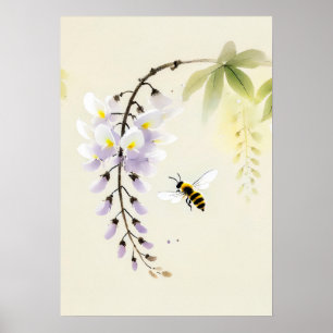Poster Abeille à l'encre chinoise sur wisteria