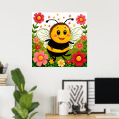 Poster Abeille de dessin animé joyeuse entourée de fleurs (Bureau à domicile)