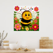 Poster Abeille de dessin animé joyeuse entourée de fleurs (Cuisine)