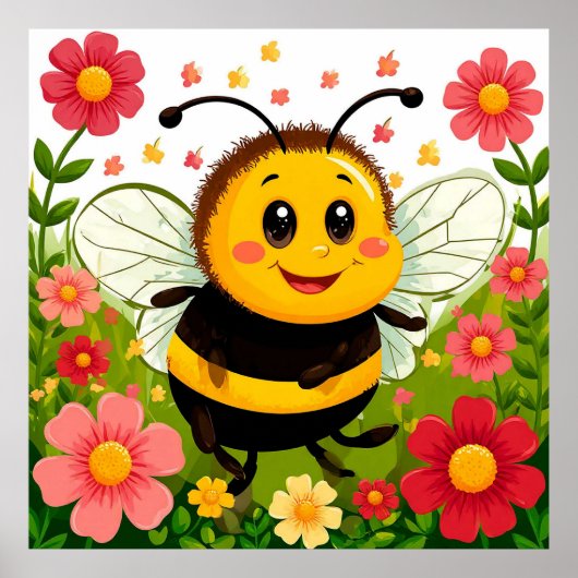 Poster Abeille de dessin animé joyeuse entourée de fleurs (Devant)