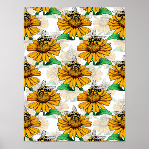 Poster Abeille sur le Motif de fleurs de tournesol