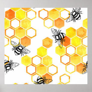 Poster Abeilles de miel : Motif d'aquarelle jaune