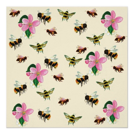 Poster Abeilles et bourdons & fleurs de fruits (Devant)