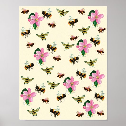 Poster Abeilles et bourdons & fleurs de fruits (Devant)