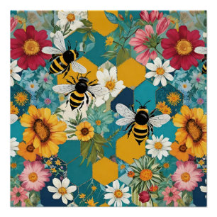 Poster Abeilles et fleurs motif abeille fleur