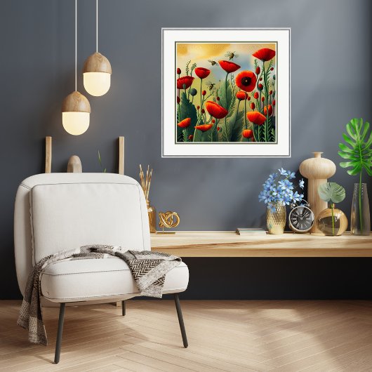 Poster Abeilles Et Poppies Art Imprimer