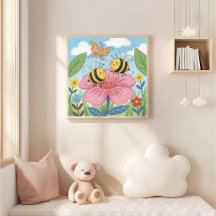 Abeilles mignonnes et papillon dansant Dessin au c