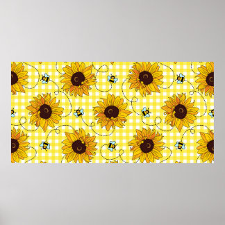 Poster Abeilles mignonnes et tournesols sur un arrière - 