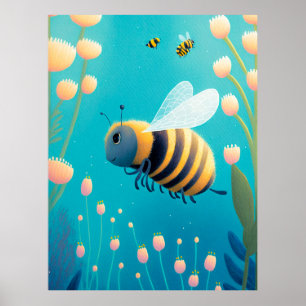 Poster Abeilles tumultueuses et fleurs