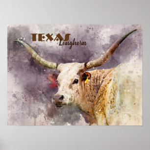 Poster Abrégé sur photo d'aquarelle du Texas Longhorn