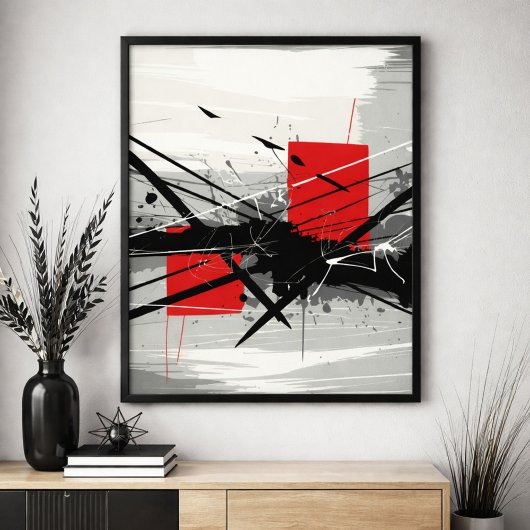 Poster Abstract Art with Red Blocks & Black Strokes