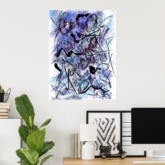 Poster Abstract Blue Black Brushstrokes Splashes Wall Art (Bureau à domicile)