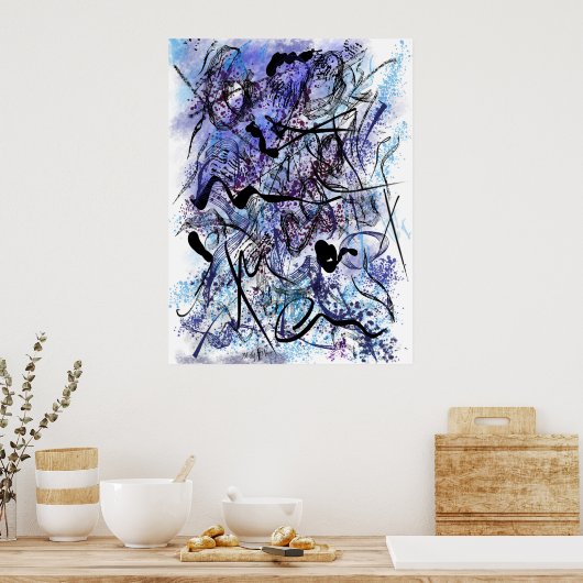 Poster Abstract Blue Black Brushstrokes Splashes Wall Art (Cuisine)