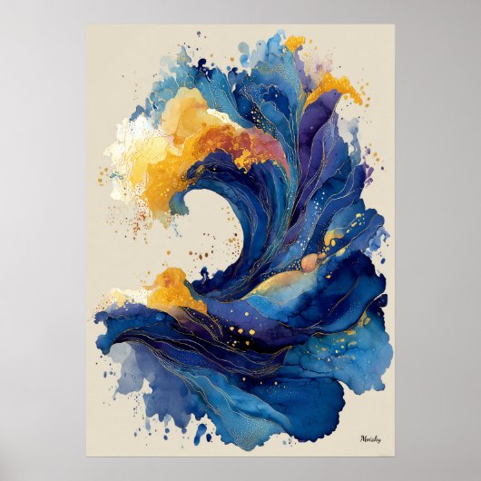 Poster Abstract Ocean Wave Liquid Art Blue Gold Fluid  (Devant)