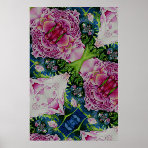 Poster Abstract peony watercolor painting, boho retro
