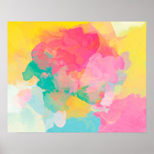 Poster Abstraction Aquarelle Rose Jaune Et Bleu