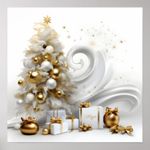 Poster Abstrait arbre de Noël blanc aux accents or
