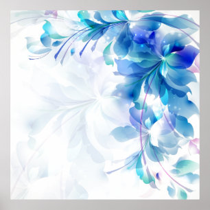 Poster Abstrait Floral Arrière - plan Bleu Et Blanc