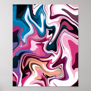 Poster Abstrait Fluid Swirl Art en rose, blanc et bleu