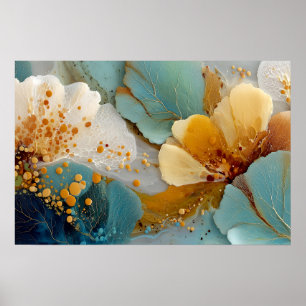 Poster Abstrait Fluide Moderne Sarcelle Or Bulles et Vein