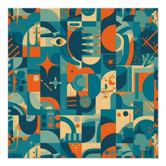 Poster Abstrait géométrique orange et sarcelle (Devant)