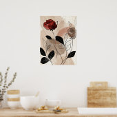 Poster Abstrait Red Black Roses Green feuilles Line Art (Cuisine)