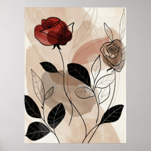 Poster Abstrait Red Black Roses Green feuilles Line Art